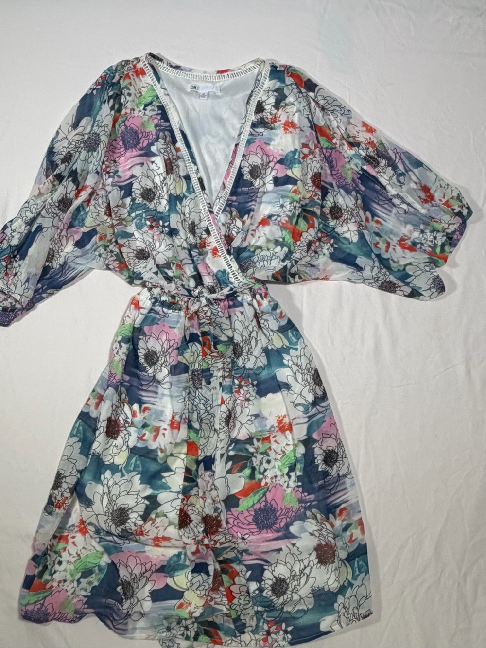 DR2 Floral Wrap Mini Dress in Blue, White, Pink